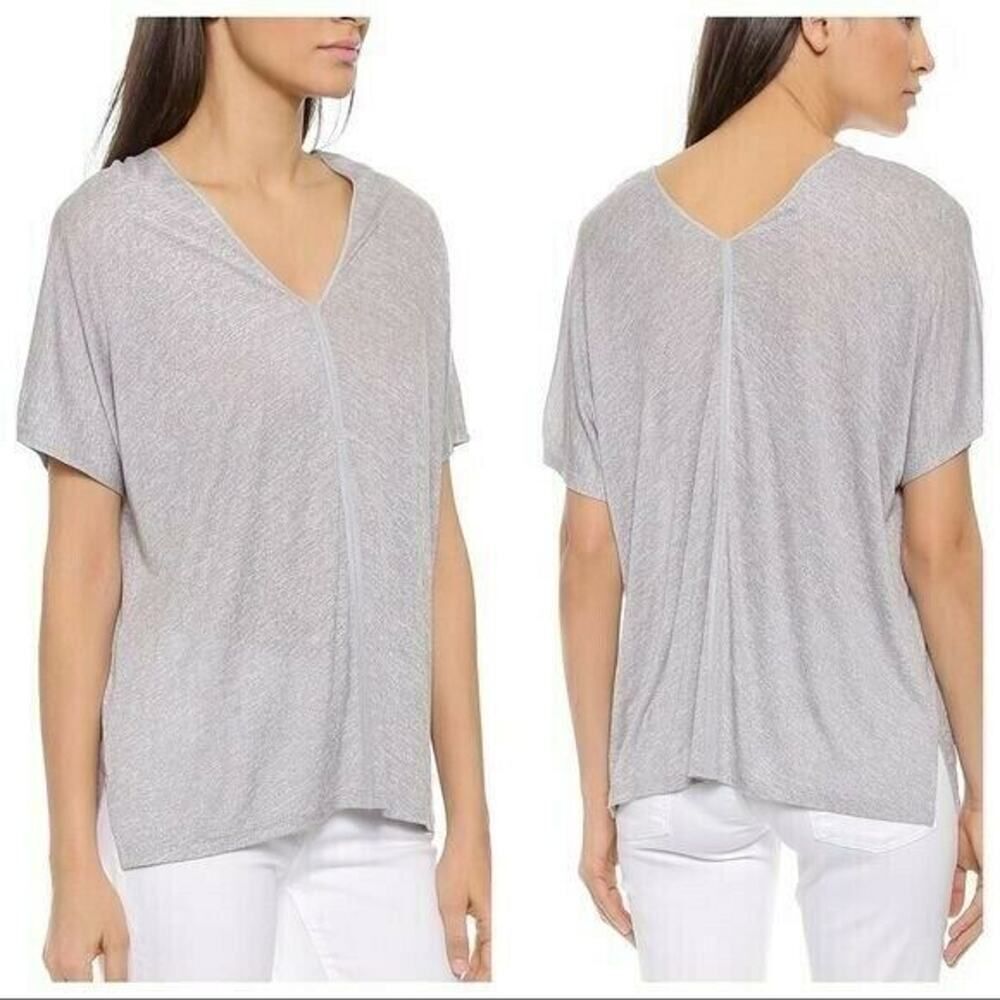 $135 VINCE Grosgrain Trim Double V-Neck Mouline Tee Dolman Top Short Sleeve M